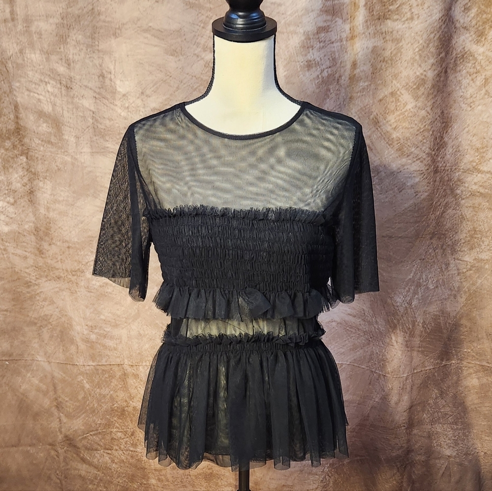 Sheer Mesh Smocked Ruffle Peplum Top – Black – Size US 4